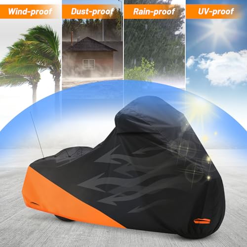 Waterproof Motorcycle Cover for Touring Models Made for Harley Davidson Road King Road Glide Street Glide Electra Glide Low Rider-ST Indoor & Outdoor All Weather Protection (Black & Orange) - size: Side Box