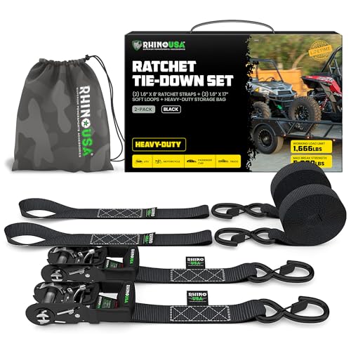 RHINO USA Ratchet Straps Tie Down Kit, 5,000 Break Strength - Includes Heavy Duty Rachet Tiedowns with Padded Handles & Coated Chromoly S Hooks + Soft Loop Tie-Downs - color: Black, size: 8ft - 2 Pack
