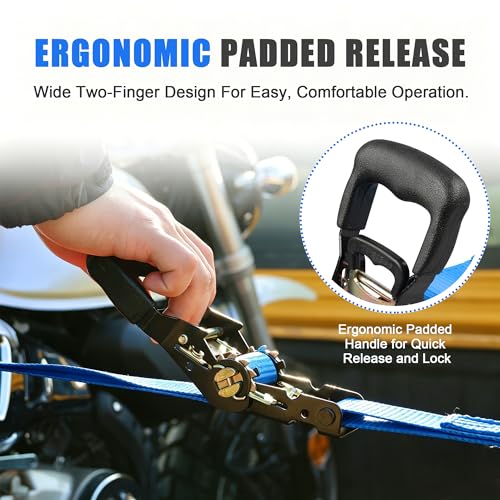 AWELCRAFT Ratchet Straps Heavy Duty 4 Pack,4500lbs Breaking Strength,1.5in×15ft Tie Down Ratcheting Strap with Padded Handles, Double J Hooks & Soft Loops for Motorcycle,Trailer & Trucks (Blue) - color: Blue