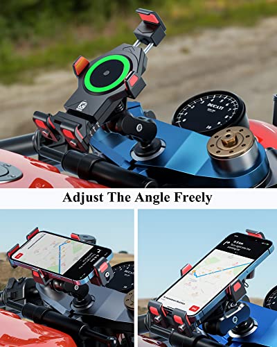 BRCOVAN Motorcycle Fork Stem Phone Mount with Qi 15W Wireless Charger & Vibration Dampener, Anti-Theft, Anti-Shake, Adjustable, Aluminum Alloy Motorcycle Cellphone Holder for 4.7-7.2'' Smartphone