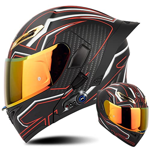 Bluetooth Motorcycle Helmet, Dual Anti-Fog Visors Modular Helmet with Tail, Adult Men Women Full Face Helmet Motocross Flip up Helmet for Racing, Mountain, Downhill, DOT Approved (F, Small) - color: F, size: Small