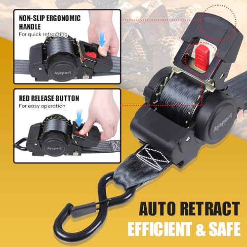 Ayaport Retractable Ratchet Straps 2in X 12.5ft(4PK)-3300lb Break Strength, Heavy Duty Ratchet Straps Self Retractable Tie Downs with Soft Loops for Motorcycle, Dirt Bike, Cargo, Truck Accessories - size: 2"x12.5'-4pc