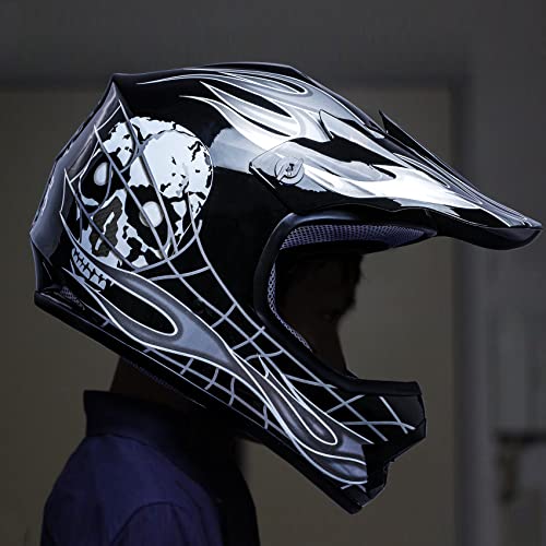 SLMOTO Dot Youth & Kids Motocross Offroad Street Helmet Motorcycle Helmet Dirt Bike Motocross ATV Helmet+Goggles+Gloves, Black Skull Design, Medium - color: Black Skull, size: Medium