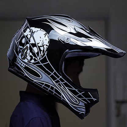 SLMOTO Dot Youth & Kids Motocross Offroad Street Helmet Motorcycle Helmet Dirt Bike Motocross ATV Helmet+Goggles+Gloves, Black Skull Design, Medium - color: Black Skull, size: Medium