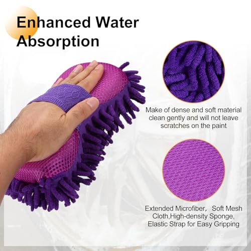 HARFINGTON Car Wash Sponge 8.7" x 4.3" Chenille Microfiber Mitt Scratch-Free Absorbent Scour Scrubber Cleaning Sponge for Washing Detailing on Cars, Trucks, SUV, Boats, RVs, Purple