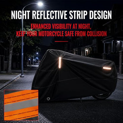 Motorcycle Cover Waterproof Outdoor Heavy Duty All-Weather UV Protection with Reflective Strips & Lock Holes,Storage Bag,Sport,Fits Most Cruiser,Touring,Street,Dirt Bike (Length up to 104") - size: 104"(3XL)