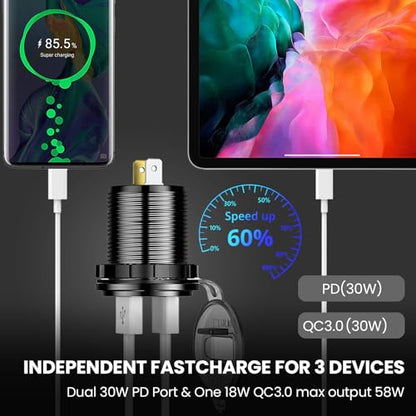 12V USB Car Socket, 3-Port Marine Aluminum USB Quick Charge Waterproof Cigarette Round USB C 12V Outlet for Car Golf Cart Boat Marine Bus Truck RV Marine Motorcycle etc(2PD+1QC(1Pack)) - color: 2PD+1USB(1Pack)