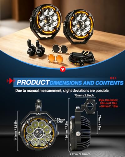 BraveWAY 5 Inch Motorcycle Fog Lights 150W White/Yellow LED Auxiliary Lights with Amber DRL Strobe Flash Hi/lo Beam Combo LED Driving Spotlights for Motorcycle ATV UTV Night Riding ADV Touring - size: 5INCH-9-W