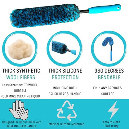 oesee PRO Choice 4 Pack Long Handle Wheel Brush Kit for Cleaning Wheel and Tire- 2X Soft Wheel Cleaning Brush, Detailing Brush and Stiff Tire Brush - color: 4 Pack (Blue & Black)