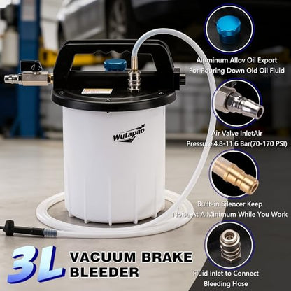 3L Vacuum Brake Bleeder Kit with 1L Refilling Bottle for Brake Fluid Bleeding – One-Person Operation, Includes 13 Adapters and Air Coupler, Brake Bleeding Tool for Various Vehicles and Motorcycles