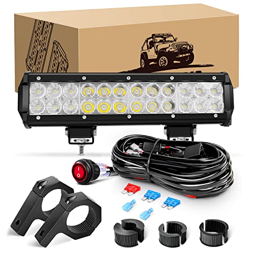 GOOACC 12 Inch 72W Led Light Bar Spot Flood Combo Driving Lighting Off Road Lights Mounting Bracket Horizontal Bar Tube Clamp with 16AWG Wiring Harness for Truck SUV ATV UTV Boat, 2 Years Warranty - color: 72W Light Bar + Clamp Bracket + Wiring Harness
