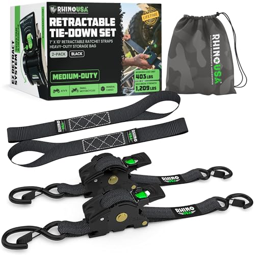 Rhino USA Retractable Ratchet Straps (2-Pack) - 1 Inch x 10 Feet (1,209lb Break Strength) - Auto Self Retracting Tie Down Straps for Truck, Cargo Trailer, Motorcycle, ATV, UTV - Black - color: Black, size: 2 Pack