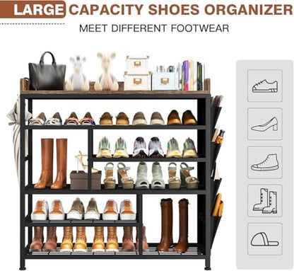 EnHomee Shoe Rack for Entryway, 6 Tier Shoe Organizer with Adjustable Shelves, 22 Pairs, Shoe Shelf with Wooden Top and Side Pocket for Closet, Entryway, Living Room, Rustic Brown & Black
