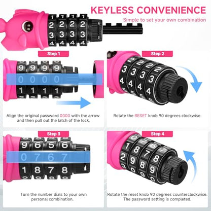 Bike Lock, 3.9 Feet 4-Digit Resettable Combination Password Anti-Theft Cable Lock, Cute Coiled Bike Lock with Mounting Bracket, Suitable for Bicycles, Electric Scooters, Ebikes (Pink-10mm) - color: Pink-10mm