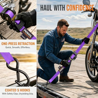 Retractable Ratchet Straps (4-Pack) - 1 Inch x 10 Feet (1,764lb Break Strength) - Heavy Duty Auto Self Retracting Tie Down Straps for Truck, Cargo Trailer, Motorcycle, ATV, UTV – Purple - color: Purple