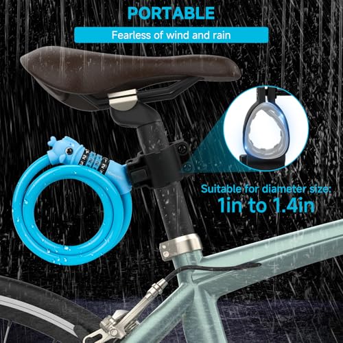 Bike Lock, 3.9 Feet 4-Digit Resettable Combination Password Anti-Theft Cable Lock, Cute Coiled Bike Lock with Mounting Bracket, Suitable for Bicycles, Electric Scooters, Ebikes (Blue-10mm) - color: Blue-10mm