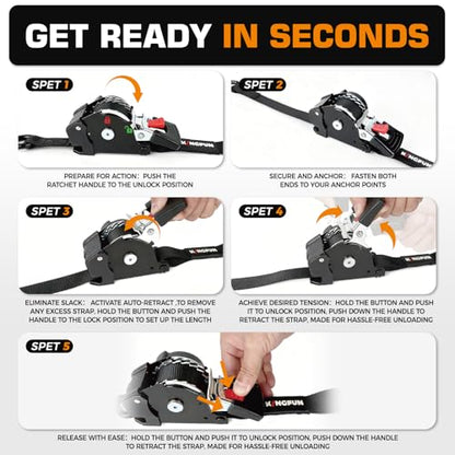 Kingfun Retractable Ratchet Straps (4-Pack) - 1 Inch x 10 Feet Auto Self Retracting Tie Down Straps - 1,760lb Break Strength Heavy Duty Cargo Straps for Motorcycle, ATV, UTV, Trailer & More - Black - color: Black