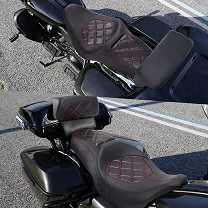 C.C. RIDER Classic Seat Backrest Pad - Driver Seat Rider Sissy Bar Passenger Backrest Pad Kit fit for Harley Davidson Touring Road King Street Glide Electra Glide Road Glide 2014-2023 - color: Seat + Passenger Sissy Bar Black Red