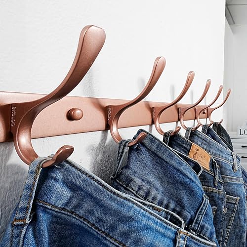 SKOLOO Coat Rack Wall Mounted - 6 Hooks, Heavy Duty, Stainless Steel, Metal Wall Hanger, Sturdy Coat Hooks for Hanging Coats, Jacket, Clothes, Hat, Matte Rose Gold - color: Matte Rose Gold, size: 6 Hook(1 Pack)