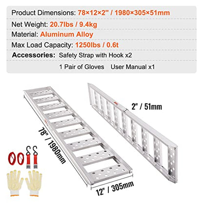 VEVOR Aluminum Ramps, 1250lbs, Straight Ramp with Treads and Load Straps, Portable Loading Ramp for Motorcycles, ATVs, Trucks, Lawn Mower, Dirt Bike, Garden Tractor, 78" L x 12" W, 2Pcs - size: 1250lbs