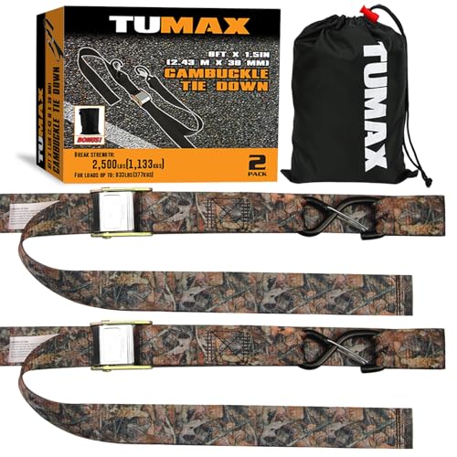 2 Pack Tie Down Straps with Cam Buckle - 2500lbs Break Strength, 1.5 Inch x 8 Feet Heavy Duty Camouflage Cargo Straps with Secure S-Hooks Latch, for Motorcycle, ATV, UTV, Dirt Bike and Trailer - color: Camouflage