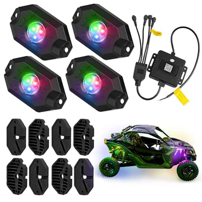 4 Pods RGB LED Rock Lights Kit, Underglow Multicolor Neon Light Pod with Bluetooth App Control, IP68 Waterproof High Brightness Dynamic Music Mode Wheel Well Light for Truck ATV UTV RZR SUV Golf Cart