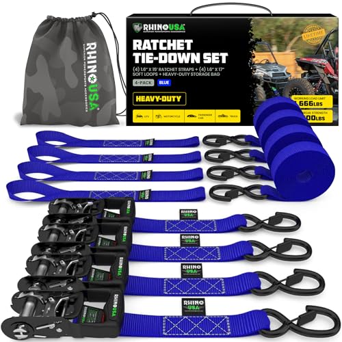 Rhino USA Ratchet Straps Heavy Duty Kit (4-Pack) - 1.6 Inch x 15 Feet Min Break Strength (5,000) - Ultimate Tie Down Straps with Safety S Hooks for Trucks, ATV, UTV, Motorcycle, Cargo & More - Blue - color: Blue, size: 15ft - 4 Pack