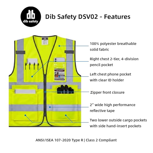 Dib Safety Reflective Safety Vest for Men Women, High Visibility Vest with Pockets and Zipper, ANSI Class 2 - color: Yellow, size: 3X-Large