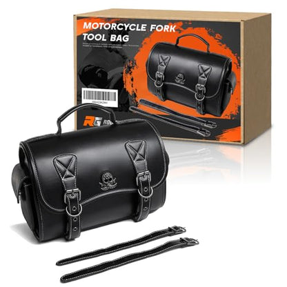 Rogierra 14.9L Motorcycle Fork Tool Bag With 2 Mounting Straps,PU Leather Roll Saddlebag For Front Fork, Handlebar & Sissy Bar Storage,Large Capacity Waterproof Fork Bag(Black, Metal Skull Pattern) - style: Metal Skull Badge