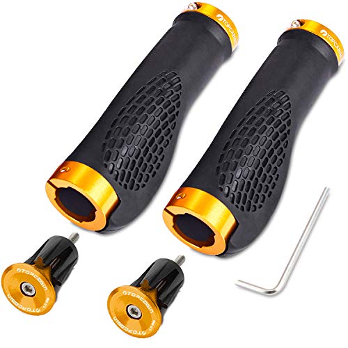 TOPCABIN Ergonomic Bike Grips - Widen Holding Rubber Grips with Aluminum LockGrips for Mountain & Road Bikes - color: Aluminum lock plug+Grips (Gold 1 Pair)