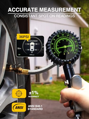 AZUNO Heavy Duty Tire Pressure Gauge, Tire Inflator Gauge 230PSI Air Chuck Air Compressor Attachments, with Steel Braided Hose, Large 2.6" Glow Dial & Quick Connect Coupler, for Truck/Car/SUV/RV/Bike - size: 230 PSI Analog For Truck&RV