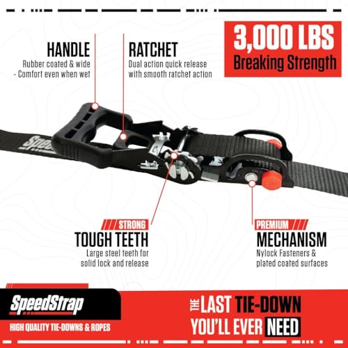 SpeedStrap Motorcycle Tie-Downs with Adjustable Sliding Ratchet (2-Pack) 1.25 Inch x 7 Feet (3,000lb MRC) - Moto Tie Down Straps with Swivel Carabiner, Built-in Soft Ties & Safety S-Hooks - Black | Adjustable Sliding Ratchet, Swivel Carabiner, Built-In So