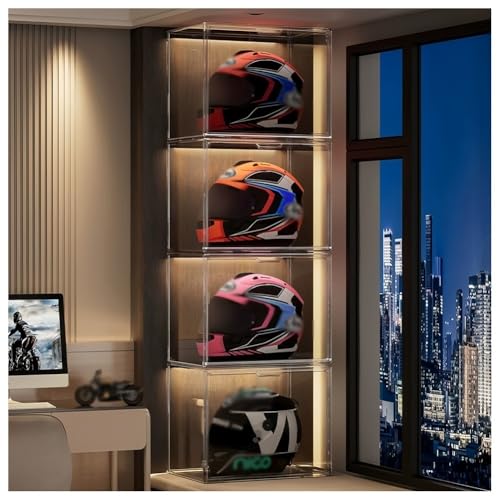 Zfmnoyev Motorcycle Helmet Storage Rack with Magnetic Door, Clear Acrylic Organizer Box Display Case, Floor-Standing Hat Rack Organizer Stand, for Figures Books Handbags Purses Boots Ball