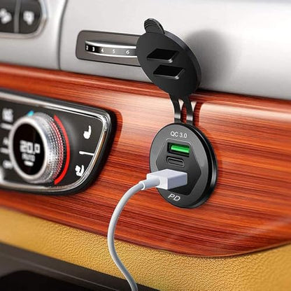 USB C Car Charger Socket, Marine Grade 12V Outlet with Dual 18W PD Ports & QC 3.0 Fast Charging, IP66 Waterproof Aluminum Flush Mount for Car, Boat, RV, Marine
