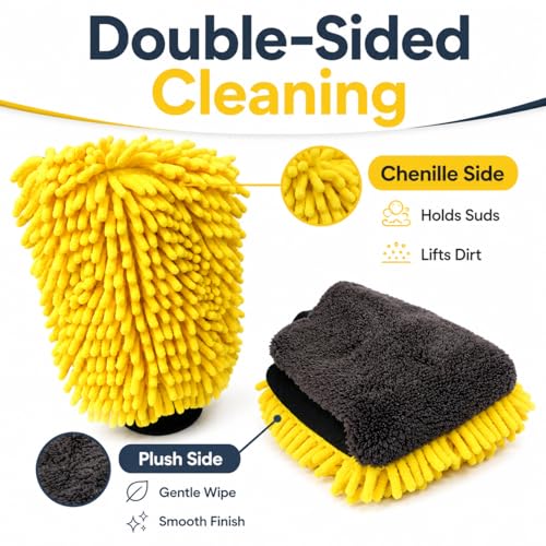 Car Wash Mitt, Double-Sided Chenille Microfiber, Yellow and Black, Waterproof