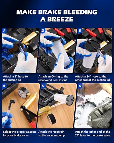 Orion Motor Tech 2 in 1 Brake Caliper Compression Tool & Brake Bleeder Kit, Handheld Vacuum Pump Brake Bleeder Tool Set, Disc Brake Pad Service Tool with Thrust Bolt Retaining Plates & 18 Adapters - color: Black