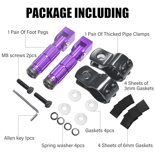 M8 Motorcycle Foot Pegs Folding Rearsets-90 Degree Foldable Footrest Fit 0.86-1.37in Brackets, Anti-Skid CNC Footpegs with Rubber Gasket for Pit Bike Dirt Bike Adventure Touring Bikes (Purple) - color: Purple