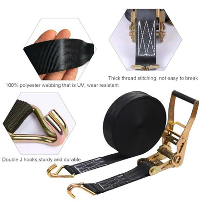 2PACK Ratchet Straps Heavy Duty, 8000 LBS Break Strength Ratchet Strap Tie Down, 2” x 27ft Black Tie-Down Ratcheting Cargo Truck Straps with Durable Double J Hook for for Truck (Black, 2IN X 27FT)