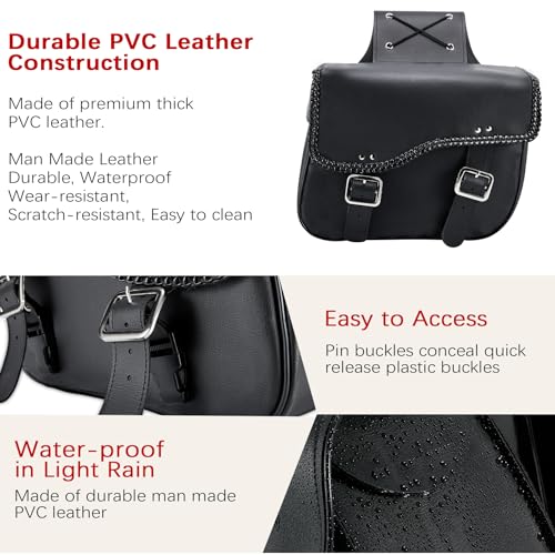 Dream Apparel Faux Leather Motorcycle Saddle Bags Throw Over Saddlebags, PVC Motorcycle Side Bags for Honda Shadow Sportster Softail Dyna V-star (Black, No Studs)