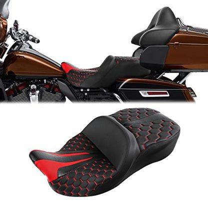 C.C. RIDER Leather Driver Passenger Seat - Bagger Comb Strapped 2-Up One-Piece Fit for Harley Touring Road King FLHR Street Glide FLHX Road Glide FLTRX Electra Glide FLHT 2009-2023 - color: Black+Red