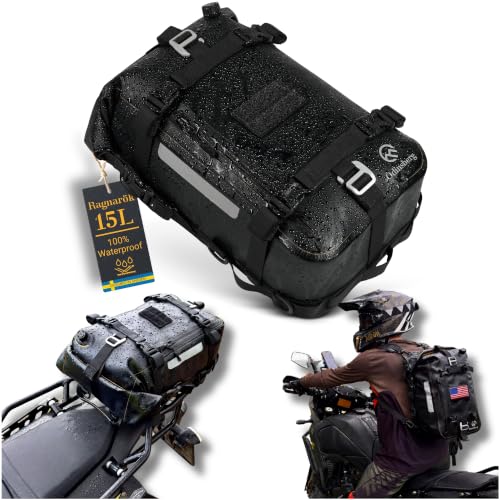 Odinsberg 15L 100% Waterproof Motorcycle Tail Bag – All in one Dry Bag Saddlebag Pannier Backpack Luggage for Sissy Bar Rear Rack and Seat for Motorcycle Dirt Bike Bag ATV ADV - size: 15L/M