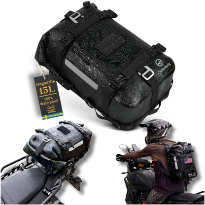 Odinsberg 15L 100% Waterproof Motorcycle Tail Bag – All in one Dry Bag Saddlebag Pannier Backpack Luggage for Sissy Bar Rear Rack and Seat for Motorcycle Dirt Bike Bag ATV ADV - size: 15L/M