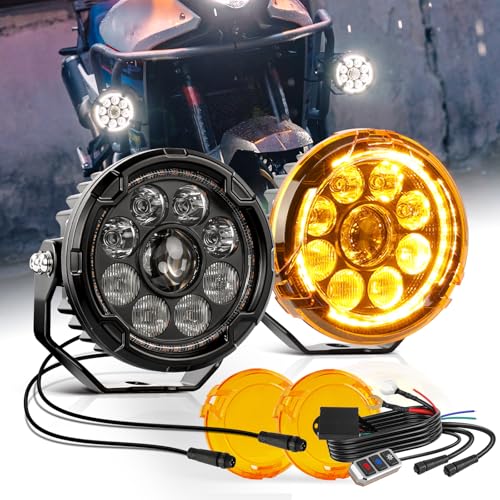 Motorcycle LED Auxiliary Lights - 29000LM Ultra Bright Fog Lights Hi/Low Amber White Beam, Strobe Modes, IP69K Waterproof, 360° Adjustable Mount for Motorcycles ADV Truck UTV Touring Sport - size: Pair 4.5 inch