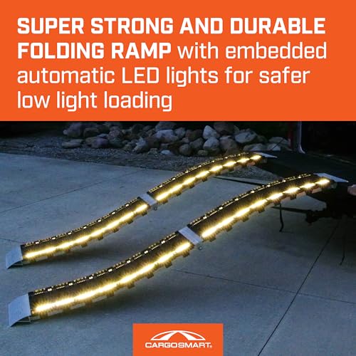 CargoSmart LED Hybrid S-Curve Centerfold Loading Ramp, 1 Pack — 1,500lb Per Pair Capacity, 12” W x 90” L — Aluminum Ramp with Built-in LED Lights, Load/Unload Lawn Equipment, Motorcycles, ATVs & More - style: 1 Folding S-Curve Ramp & LED Lights