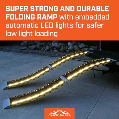CargoSmart LED Hybrid S-Curve Centerfold Loading Ramp, 1 Pack — 1,500lb Per Pair Capacity, 12” W x 90” L — Aluminum Ramp with Built-in LED Lights, Load/Unload Lawn Equipment, Motorcycles, ATVs & More - style: 1 Folding S-Curve Ramp & LED Lights