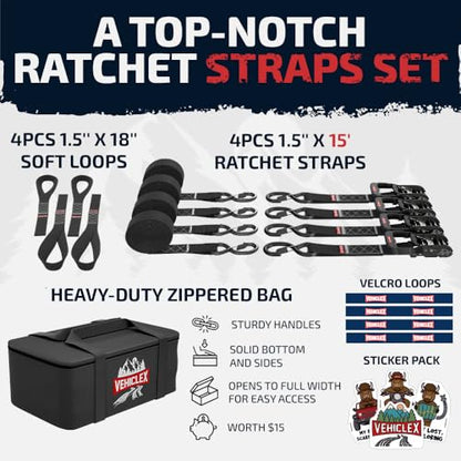 Vehiclex 1.5" x 15 ft 4,400 lb Heavy Duty Ratchet Tie Down Straps with Soft Loops – 4PK for Cargo & Equipment – Black - color: Black, size: 15 ft - 4 Pack