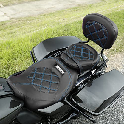 SLMOTO Motorcycle Seat with Sissy Bar Tour Trunk Pad Fit for Harley Davidson Touring King Street Glide Tri-Glide 2009-2020 Trike 2010-2023 CVO Bikes Blue Stitching Driver Passenger Seat+Tour Trunk - color: Seat + Passenger Backrest Black Blue#110