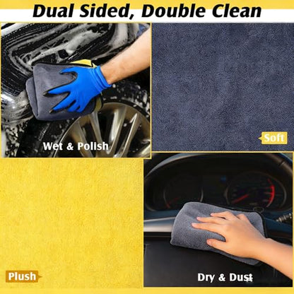 Ultrasoft, Large, Thick and Quick Drying Car Microfiber Cleaning Towel 800GSM Polishing Waxing Auto Detailing Towel Cloth (6pack) (Grey-Yellow) - color: Grey-yellow,6pack