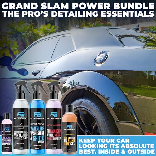 Grand Slam 5-Pack - Waterless Car Wash Detailing Spray, Tire Shine Gel, Scratch Remover, Wheel Metal Rust Cleaner, Interior Cleaner & Protector, 2 Microfiber Towels - color: Grand Slam 5-Pack