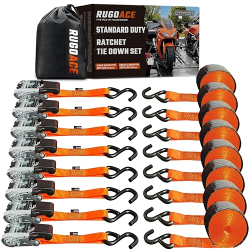 8PK Ratchet Tie Down Straps, 1" x 15FT Heavy Duty Cargo Straps, 600LBS Working Load 1800LBS Break Strength, Non-Slip Rubber Handle & Coated S-Hooks for Motorcycle, Truck, Trailer, Orange - color: Orange